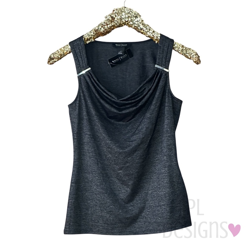 White House Black Market Sleeveless Top Drape Neck Fitted Tank Silver Accent NWT
